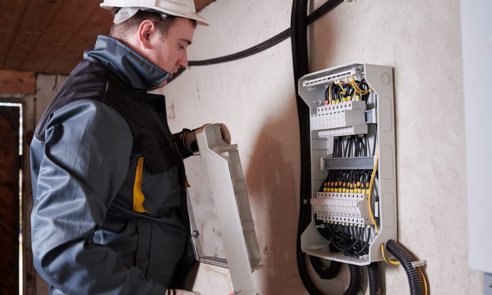 Electrical engineer in work uniform checking electric box with wires and power fuse switches. Man technician wearing white safety helmet. Concept of electricity and safe electrical power supply.